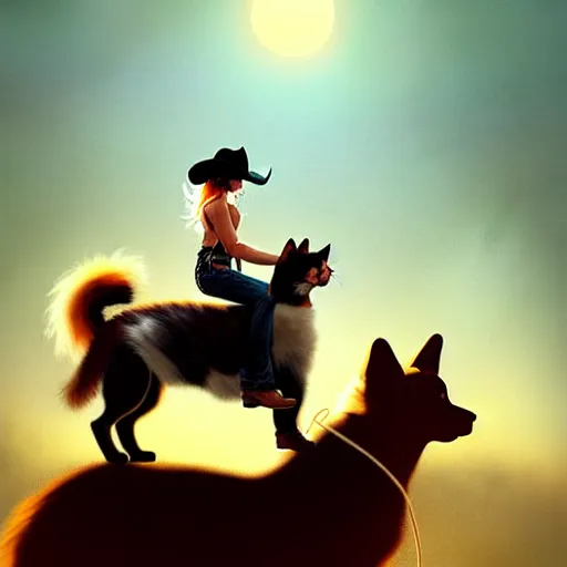 Prompt: fluffy cat in cowboy hat like a tiny girl riding on the back of a giant corgi by greg rutkowski