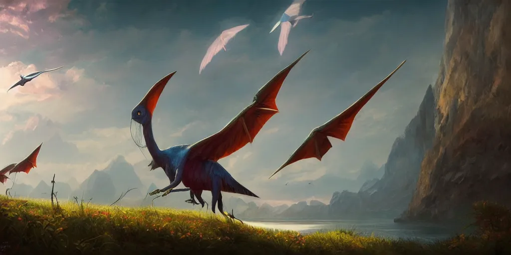 Prompt: ultra realistic colorful pterodactylus beautiful dreamy landscape, dream, colors, highly detailed, artgerm style, clear, ocatne render, artstation trend, epic art style, greg rutkowski, cinematic, concept art, 8 k hd