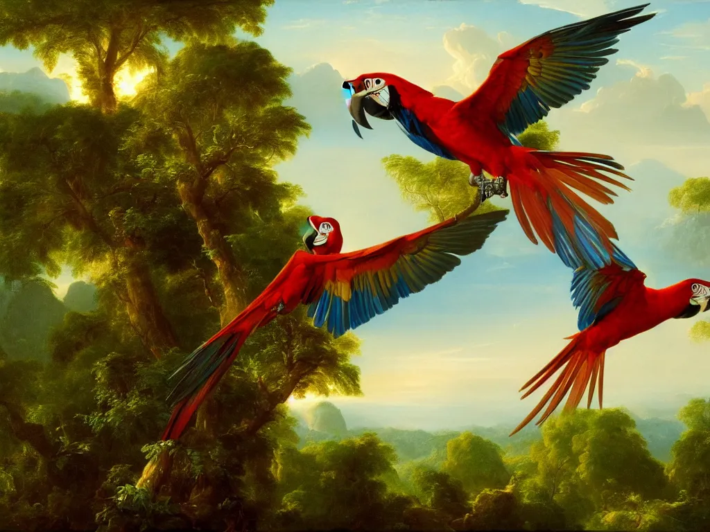 Image similar to gorgeous macaws flying at dawn in the distance through the forest, jungle mountains in the background, highly detailed, heavenly lighting, trending on art station, very detailed birds, painting by thomas cole