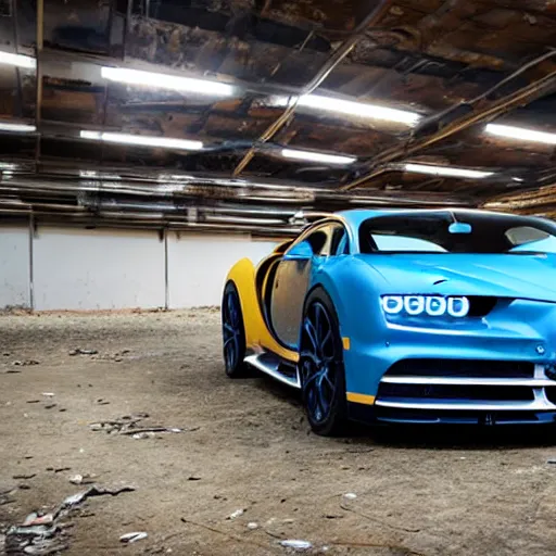 Image similar to an abandoned, derelict, rusty bugatti chiron in a dirty warehouse