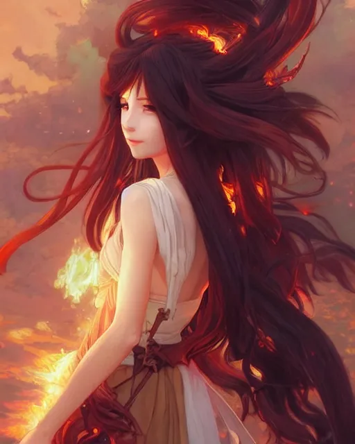 Prompt: beautiful long haired anime girl, fire dress, portrait, flames everywhere, highly detailed, digital painting, artstation, concept art, smooth, sharp focus, illustration, art by artgerm and greg rutkowski and alphonse mucha