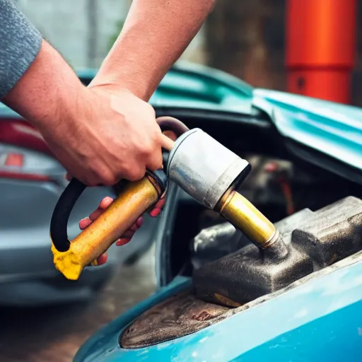 Prompt: man siphoning fuel from a cars gas tank