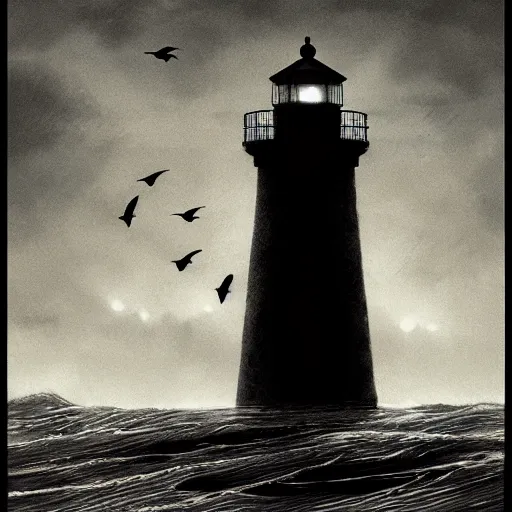 Image similar to lighthouse, ocean, two loons, crashing waves, light, black and white, tattoo art, dramatic lighting, illustration by Greg rutkowski, yoji shinkawa, 4k, digital art, concept art, trending on artstation