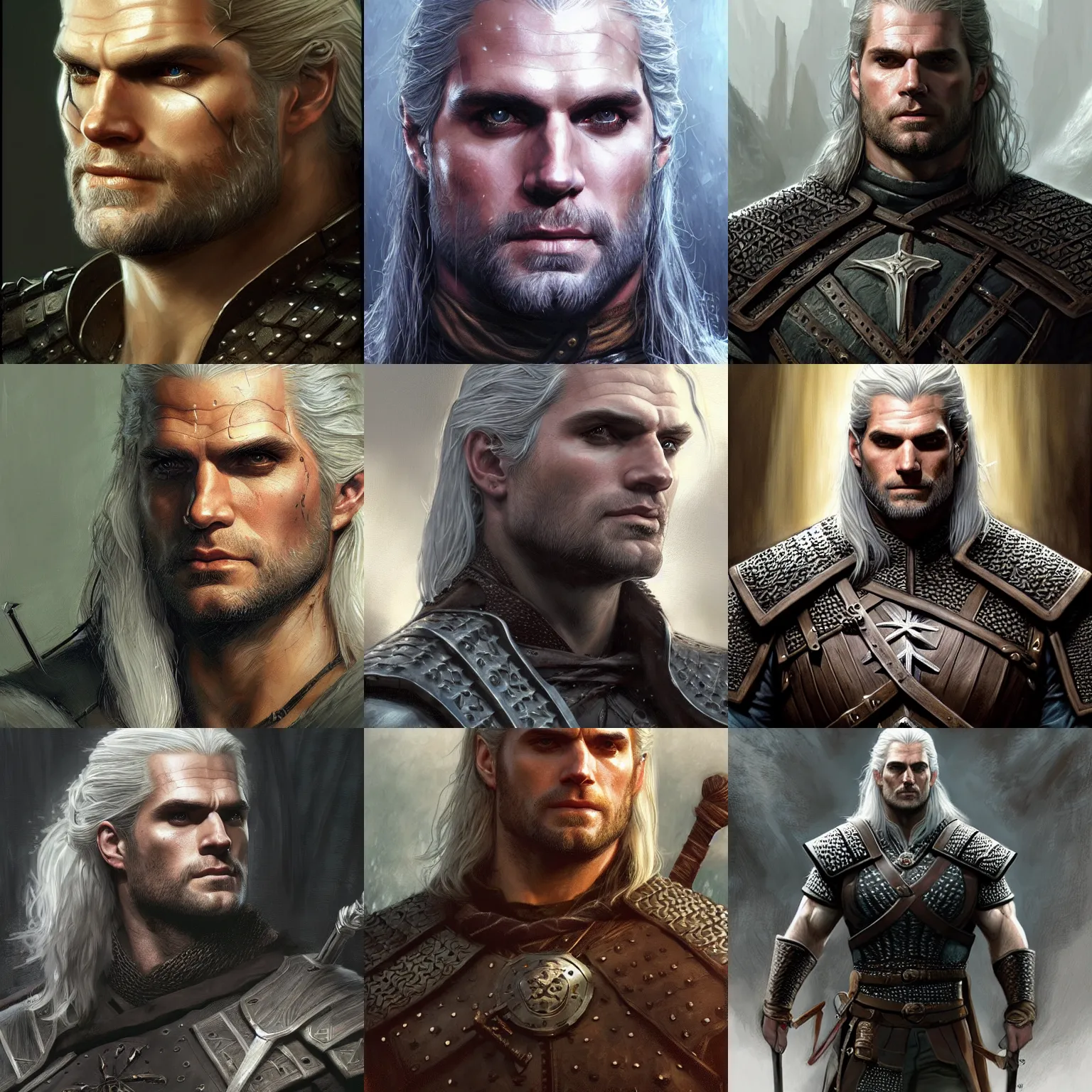Prompt: Henry Cavill as Geralt of Rivia, fantasy character art by Donato Giancola, Craig Mullins, digital art, trending on artstation