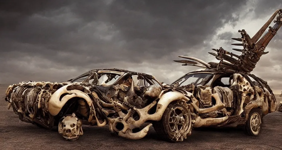 Prompt: mad max cars made out of bones, horns and shells, cinematic lighting,