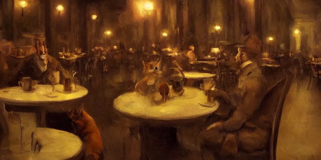 Image similar to brown cat with yellow eyes is sitting at table in a cafe at paris in early 2 0 th century. atmospheric feeling, warm colours, brown colours, yellow colours, epic scene, cinematic, very detailed, concept art, trending on artstation