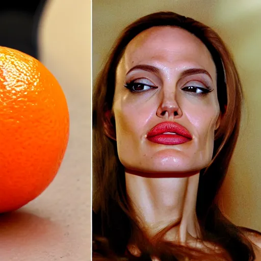 Image similar to an orange with the face of angelina jolie