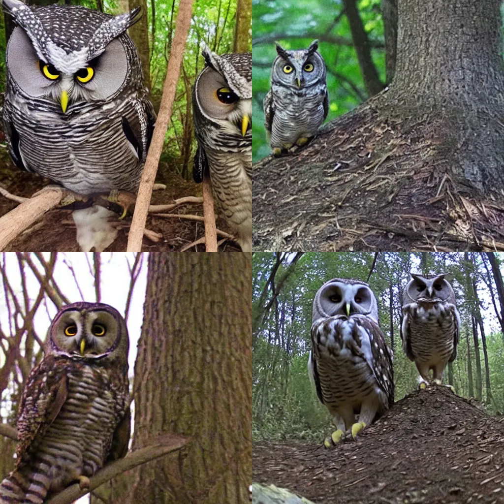 Prompt: Duo lingo owl trail cam footage