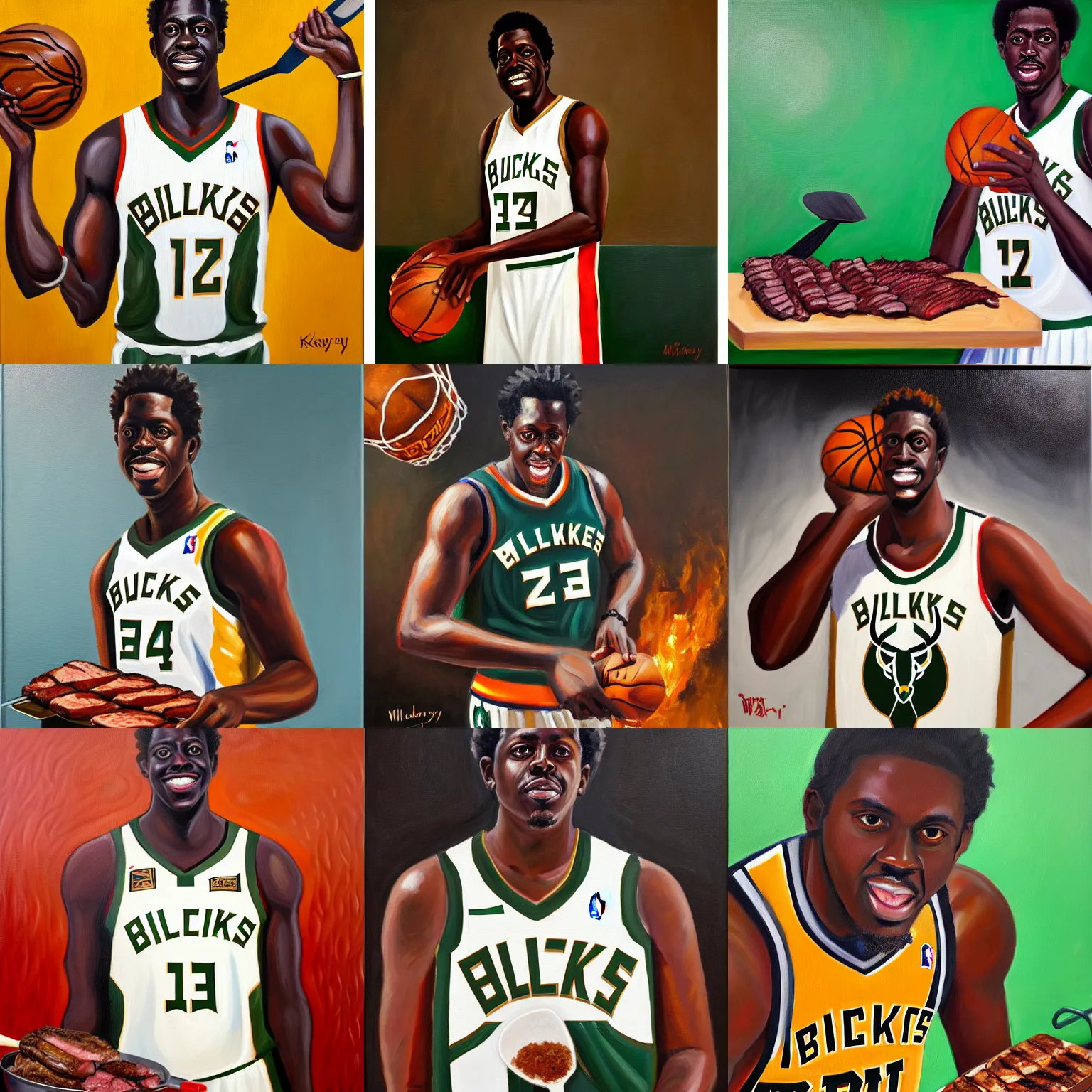Prompt: portrait of milwaukee bucks jrue holiday grilling meat, holding a spatula, oil on canvas painting by william sidyney mount, 1 9 7 7, trending on artstation