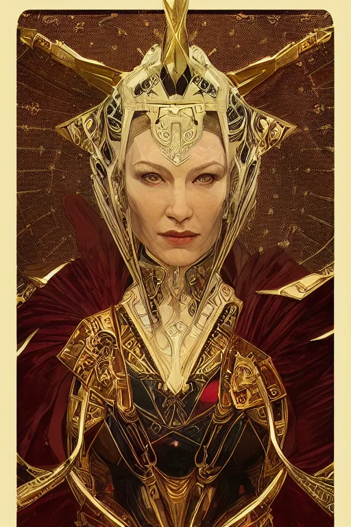 Image similar to tarot card, the emperor, armored woman, looks like cate blanchett, beautiful, fantasy, super detailed, ornate, by alphonse mucha, artstation, greg rutkowski, symmetry, red, gold, white, black, 8 k, sharp focus