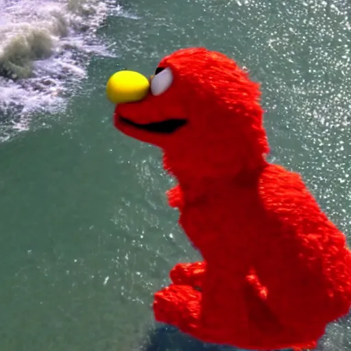 Prompt: cnn news footage of elmo being washed up on shore, view from above, tv