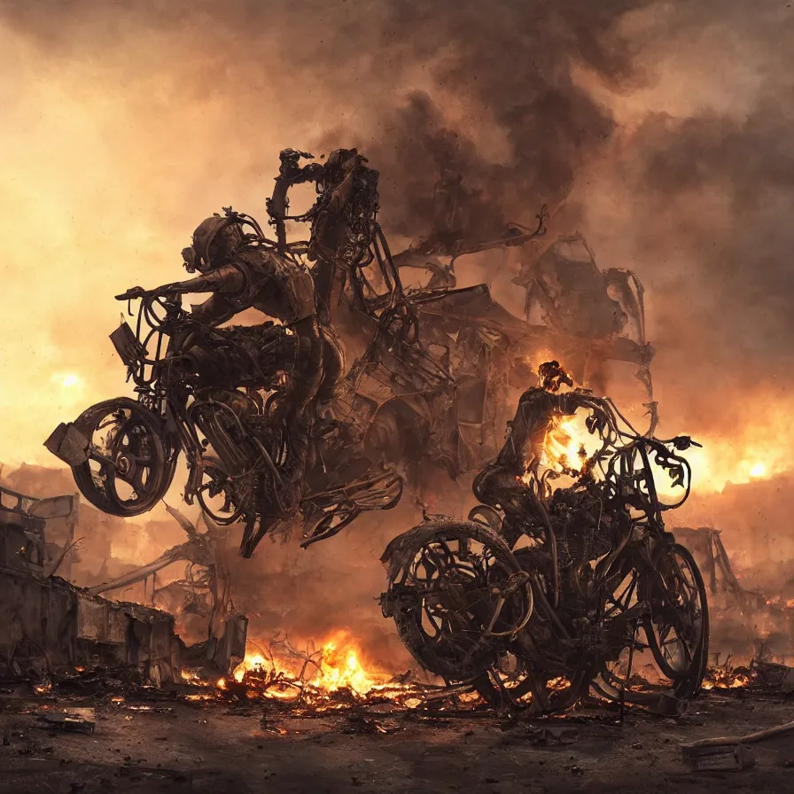 Image similar to post apocalyptic, biker with helmet in front of crashed airplane burning, photorealistic, ultra realistic, concept art, intricate details, photorealistic, octane render, 8 k, unreal engine. retro film still, heavy grain, 3 5 mm, art by artgerm and greg rutkowski and alphonse mucha