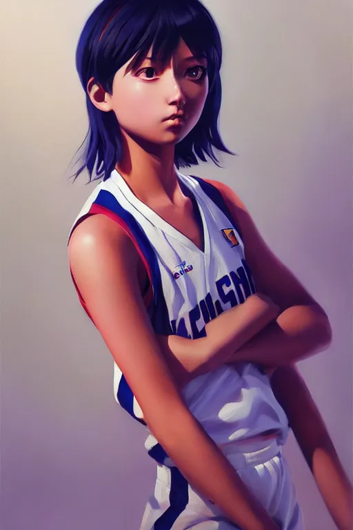 Image similar to A ultradetailed beautiful panting of a stylish girl wearing a basketball jersey, Oil painting, by Ilya Kuvshinov, Greg Rutkowski and Makoto Shinkai