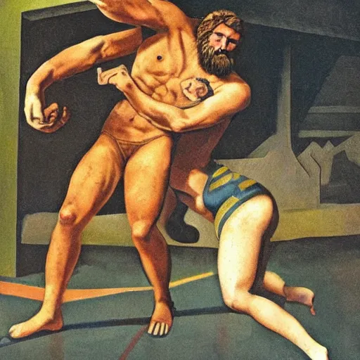 Prompt: Samson wrestling the lion with his bare hands, pulp science fiction illustration