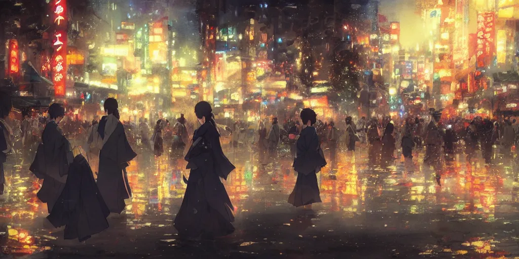 Prompt: anime kyoto animation key by greg rutkowski night, fireworks festival, kimono