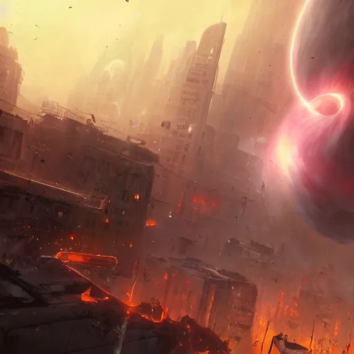 Prompt: movie still of a black hole destroying the city, large part of buildings are flying into the black hole, tornado, post apocalypse, epic art, highly detailed, art by tyler edlin, greg rutkowski 4 k
