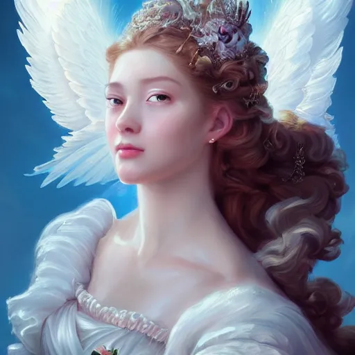 Image similar to A masterpiece portrait of a royal princess baroque rococo girl with tall white amazing with angel wings. trending on artstation, digital art, by Stanley Artgerm Lau, WLOP, Rossdraws, James Jean, Andrei Riabovitchev, Marc Simonetti, Yoshitaka Amano