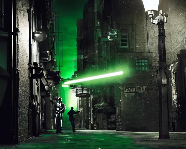 Image similar to a high definition photograph of Batman swinging a green lightsaber through a lamppost in a dark city alleyway at nighttime