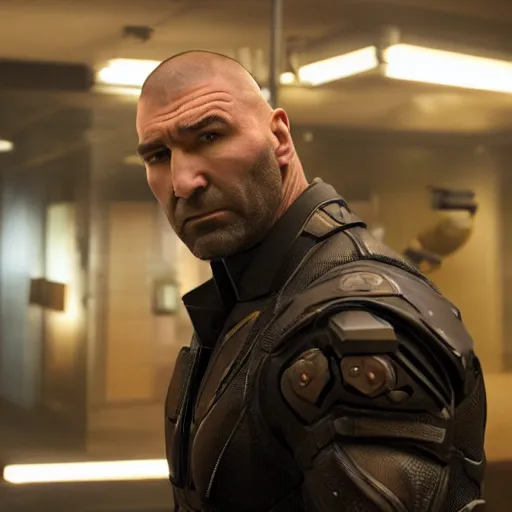 Image similar to Dave Bautista as Gunther Hermann, film still from Deus Ex movie, detailed, 4k