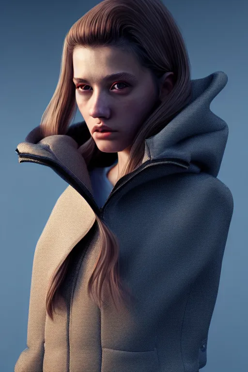 Image similar to hyperdetailed very close portrait of a model, beautiful young female with brown hair and grey eyes, in a tight jacket, volumetric light, by rossdraws and alexander mcqueen, rim light, octane render, 8 k