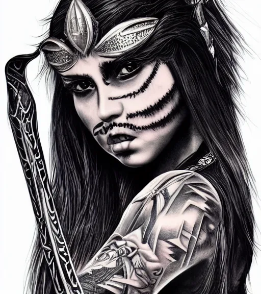 Image similar to tattoo design on white background of a hyper realistic beautiful girl warrior, hyper detailed, inspired by eliot kohek