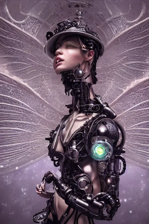 Image similar to a beautiful intricate fine art portrait photo of a a mechanical industrial steampunk cybernetic angel with neon wings against galactic space, soft backlight, by tom bagshaw and zach sutton, perfection!, milk bath photography, studio lighting, 3 5 mm lens, very detailed, bionic, cybernetic scifi, deep depth of field, artstation, 8 k, highly coherent