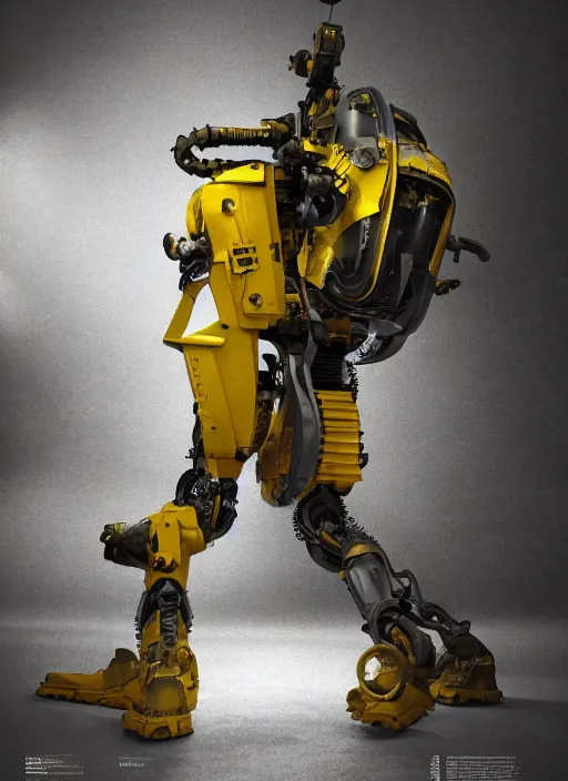 Image similar to a photorealistic dramatic hyperrealistic render of a futuristic exosuit power loader heavy machinery, ultra realistic details, glossy yellow, well worn, oil stains by vitaly bulgarov and mike nash, beautiful dramatic dark moody tones and lighting, cinematic atmosphere, studio lighting, shadows, dark background, octane render, 8 k