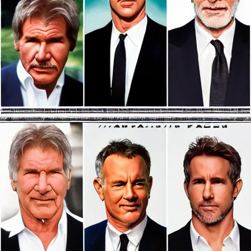 Prompt: the face of a succesful man: Harrison Ford/Tom Hanks/Tom Cruise/Ryan Reynolds, highly detailed uncropped full-color epic corporate portrait photograph. best corporate photoraphy photo winner, meticulous detail, hyperrealistic, centered uncropped symmetrical beautiful masculine facial features, atmospheric, photorealistic texture, canon 5D mark III photo, professional studio lighting, aesthetic, very inspirational, motivational