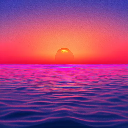 Image similar to A synthwave style sunset above the reflecting water of the sea, digital art