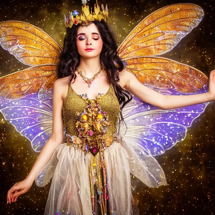 Prompt: photo of a very beautiful!! fairy queen with ornate sparkling robes, highly detailed, 4 k, hdr, smooth, sharp focus, high resolution, award - winning photo