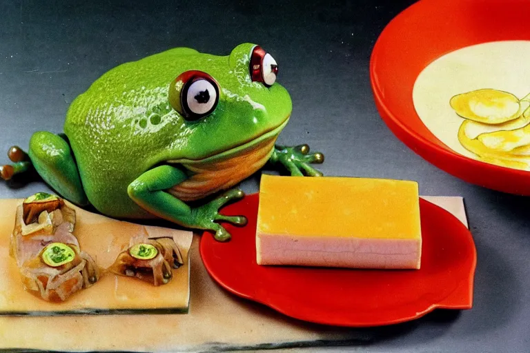 Image similar to anime frog and cheese aspic, cookbook photo 1 9 8 2,