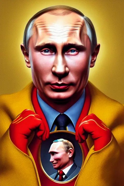 Image similar to vladimir putin as ronald mcdonald, 2 d portrait, symmetrical, highly detailed, digital painting, artstation, concept art, smooth, sharp focus, illustration, cinematic lighting, art by artgerm and greg rutkowski and alphonse mucha