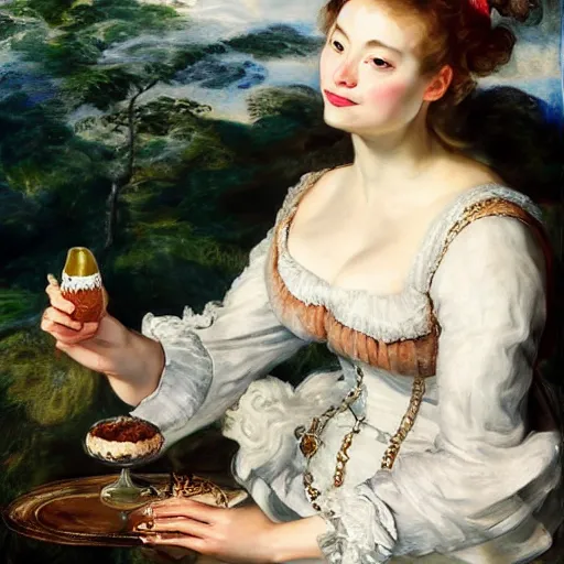 Image similar to heavenly summer sharp land sphere scallop well dressed lady drinking a starbuck latte, auslese, by peter paul rubens and eugene delacroix and karol bak, hyperrealism, digital illustration, fauvist