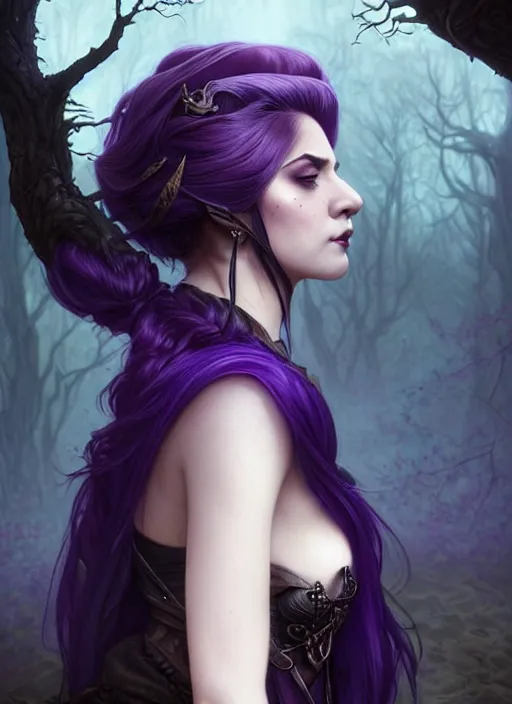 Image similar to side portrait dark witch, adventurer outfit large cloak, fantasy forest landscape, dragon scales, fantasy magic, undercut hairstyle, short purple black fade hair, dark light night, intricate, elegant, sharp focus, illustration, highly detailed, digital painting, concept art, matte, art by WLOP and Artgerm and Greg Rutkowski and Alphonse Mucha, masterpiece