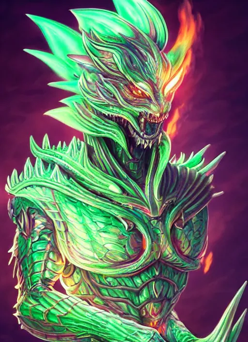 Image similar to muscular and tall green ghostly fire humanoid dragon!!!! draconian!! intricate ornate iridescent heavy armor!! character concept art, sharp focus, octane render! unreal engine 5! highly rendered!! trending on artstation!! detailed linework!! illustration by artgerm, wlop, and chie yoshii