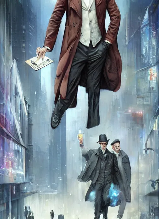 Prompt: sherlock holmes in a futuristic city street, soft colours, detailed, digital art, hd, by tom bagshaw, by fintan magee, by raymond swanland