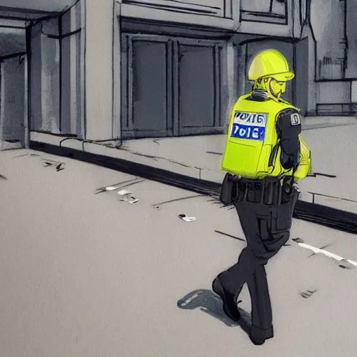 Image similar to A British police officer in London, wearing hivis and and a custodian helmet, anime art style, highly detailed, ambient lighting, trending on art station