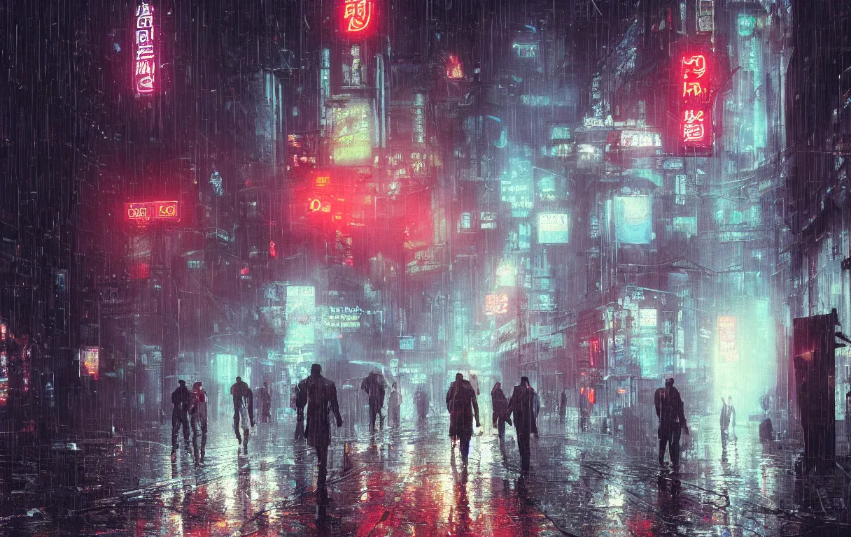 Image similar to A digital painting of a close-up view of a raining cyberpunk street in Guangzhou, some street lights and padestrians, by Ismail Inceoglu and Caspar David Friedrich, 4k, ue5, light effect, rtx on, realistic, cinematic, trending on artstation