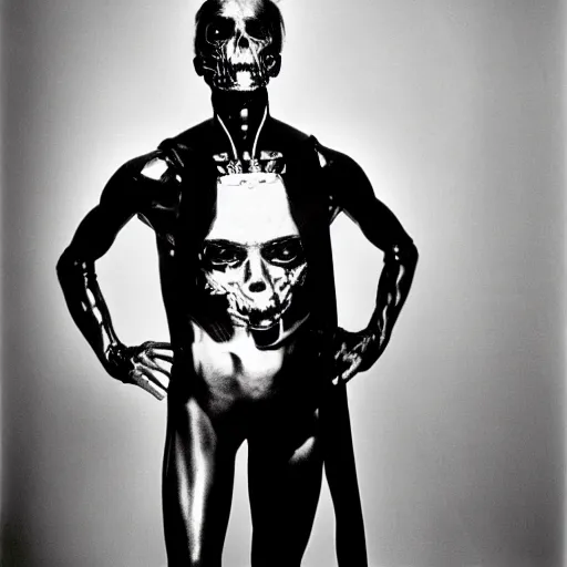 Prompt: the terminator, irving penn portrait, large format black and white photography