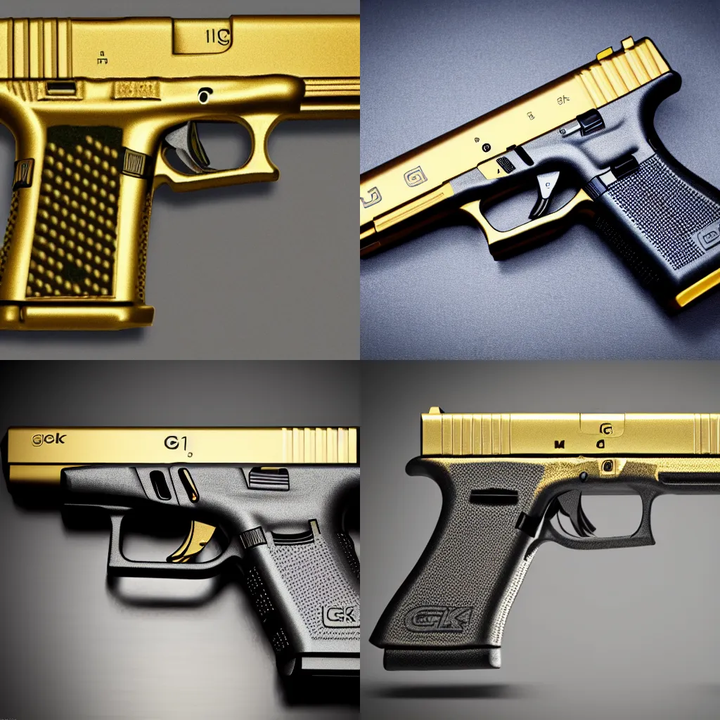 Prompt: a glock 19 made out of gold, photorealistic, 4k, vintage