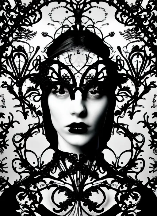 Image similar to monochrome profile portrait painting, dutch masters, silver lace floral steampunk biomechanical beautiful one techno eye young female cyborg, big monocular, volumetric light, leaves foliage and stems, hibiscus flowers, alexander mcqueen, rim light, big gothic fashion pearl embroidered collar, 8 k