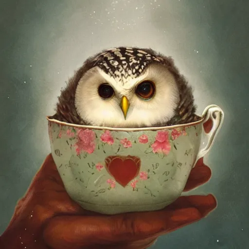 Prompt: long shot of a very cute owl chick nesting in a very romantique cup, by esao andrews, by james jean, marc simonetti, by victo ngai, humorous illustration, hyperrealistic, big depth of field, warm colors, night scenery, dim light, 3 d octane render conceptart, 4 k, hyperdetailed, trending on artstation