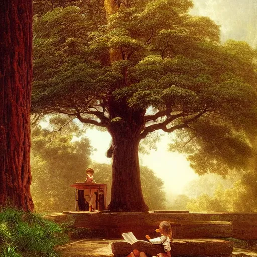 Prompt: a beautiful tall tree growing in the middle of an ancient Victorian library. a child reading a book under it. by Albert Bierstadt, ultra-realistic, 4K, featured on artstation