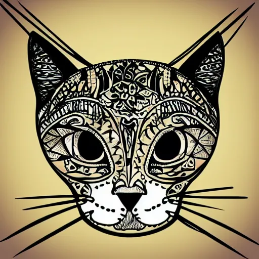 Prompt: tattoo sketch, cat, { { without eye } }, draft, polinesian ornament, line art, vector