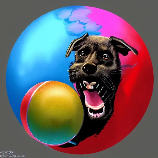 Prompt: snarling hell hound playing with a colorful beachball in hell, digital painting, trending on artstation