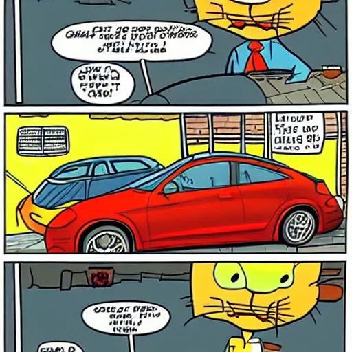 Prompt: garfield the cat driving a car into the side of a pizzeria, classic comic cartoon strip