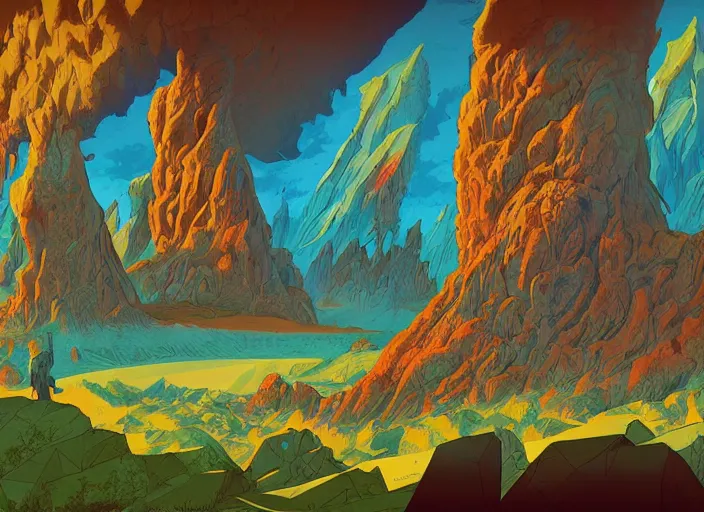 Prompt: psychedelic art of a prehistoric landscape with dinosaurs and volcanoes, detailed, cel shaded, by makoto shinkai and moebius and anton fadeev and james gurney