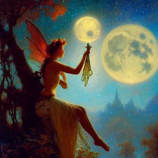 Image similar to attractive fairy magically floating high in the night, fantasy, full moon in background. highly detailed painting by gaston bussiere, craig mullins, j. c. leyendecker, sharp focus, 8 k