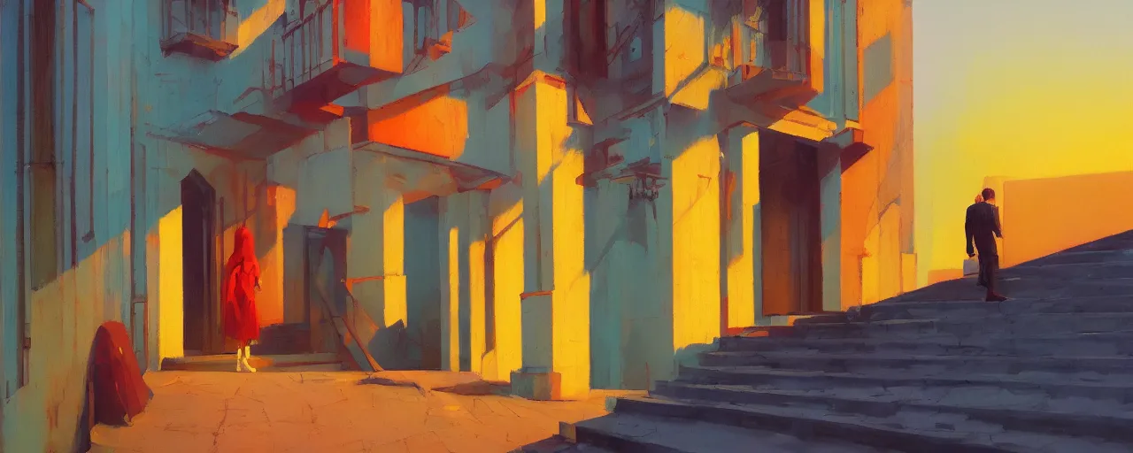 Image similar to A simplistic oilpainting of neo brutralism, a long stairway up, concept art, colorful, vivid colors, sunrise, warm colors, light, strong shadows, reflections, cinematic, 3D, in the style of Akihiko Yoshida and Edward Hopper