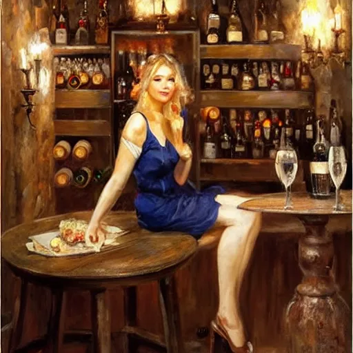 Prompt: beautiful blonde in hot dress in a wine cellar, food, pork, beer, schnapps, rustic, traditional, torches on the wall, acrylic painting by vladimir volegov and anders zorn, highly detailed, beautiful interior, masterpiece